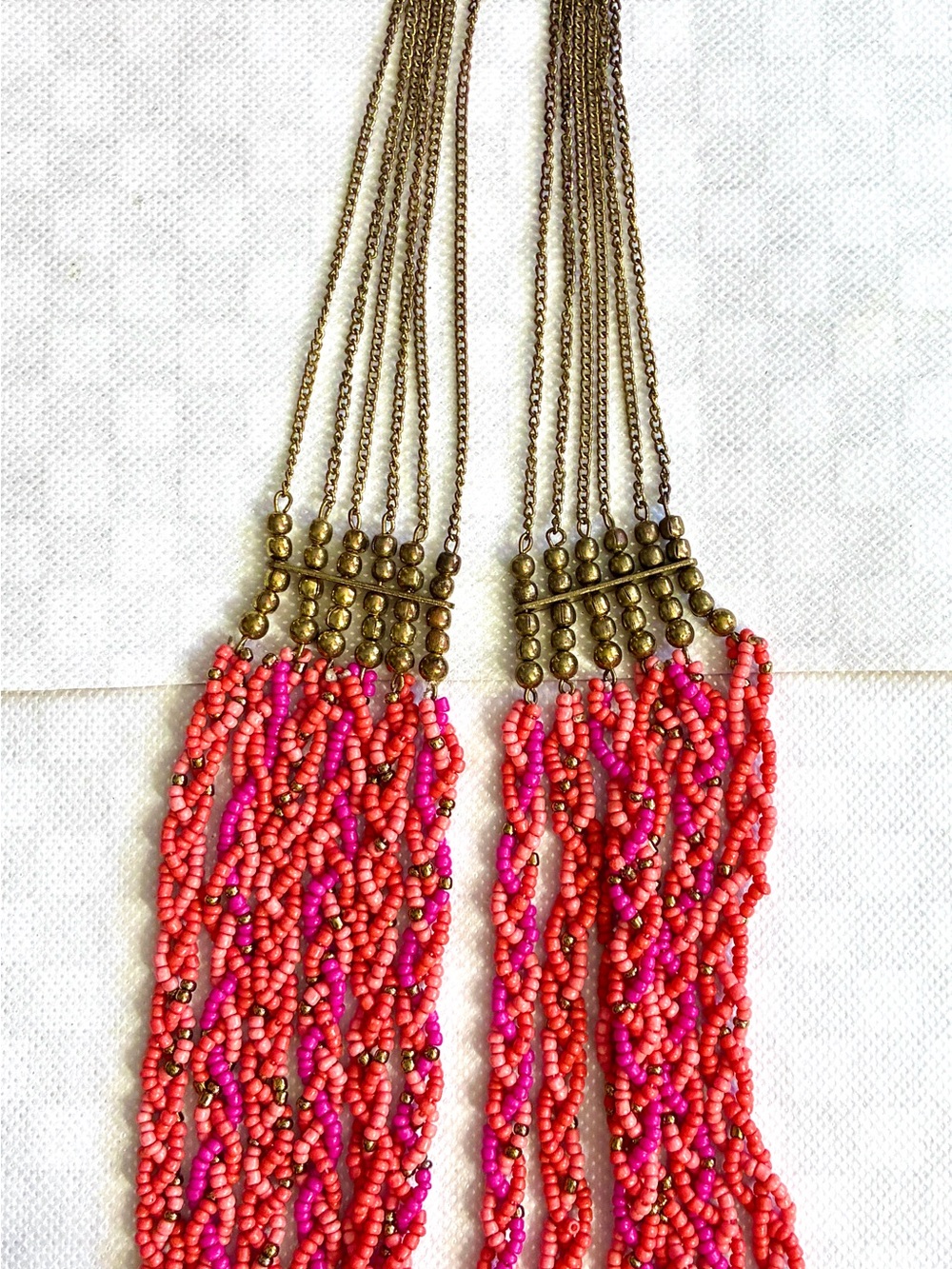 Multi-Strand Beaded Fringe Necklace Coral Hot Pink with Antique Gold Color Chain